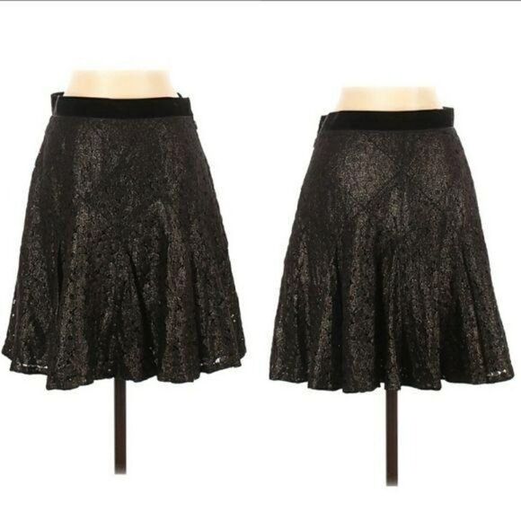 Anna Sui Goth Witchy Black Lace Skater Skirt Full Ribbon Gold Highlights Sz 4 - Picture 1 of 11